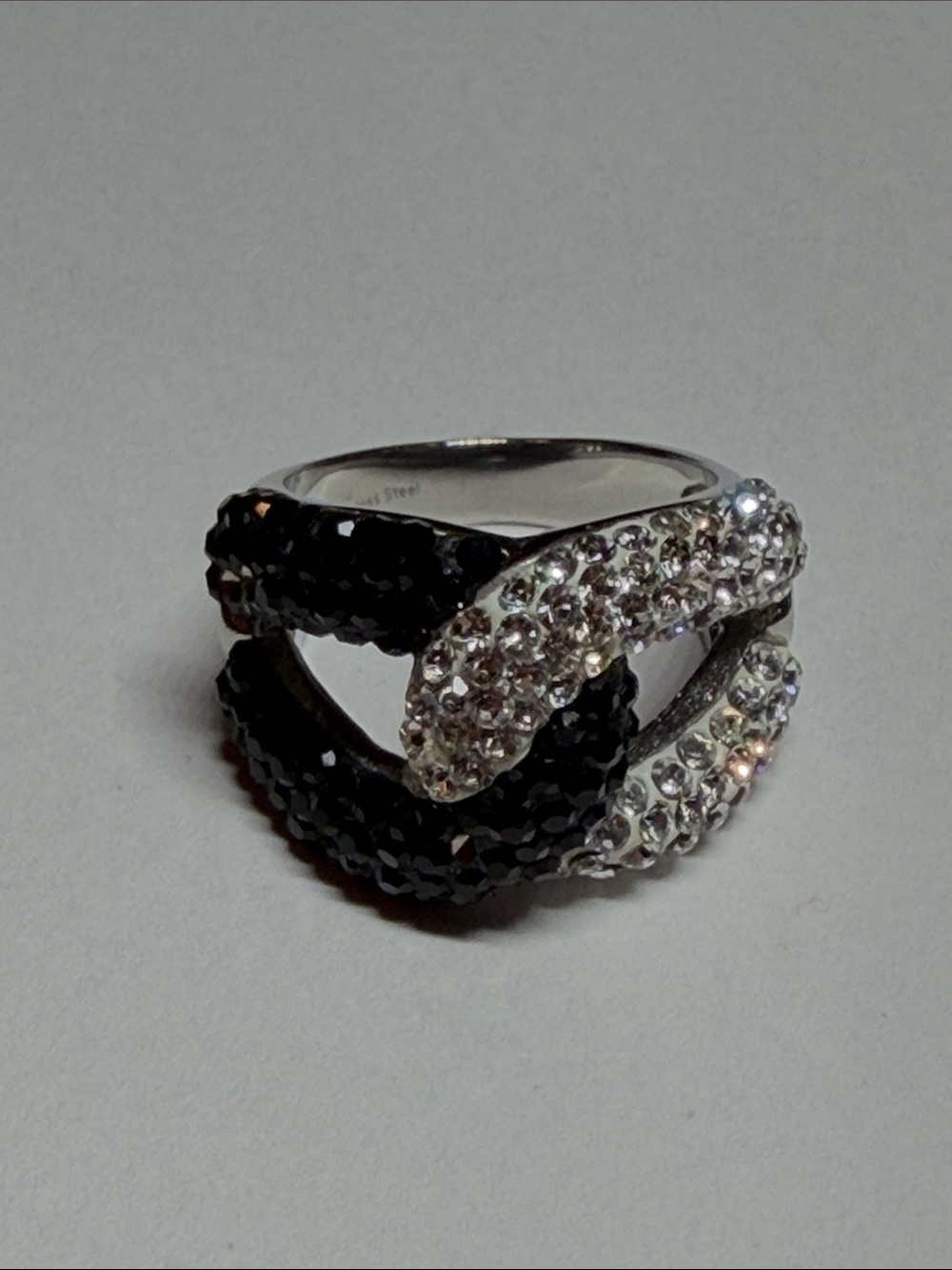 Silver-Tone Black and Clear Crystal Cross-Over Ring